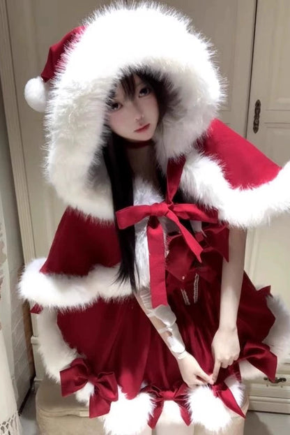 Sweet Christmas Fur Hooded Cape + Camisole Dress
