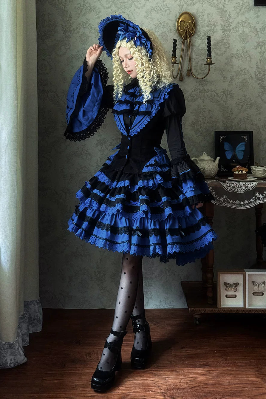 [Vorbestellfrist: 13. Juli] Kleinblaue Gothic-Lolita-Rüschen-Stufenkleid-Komplettset