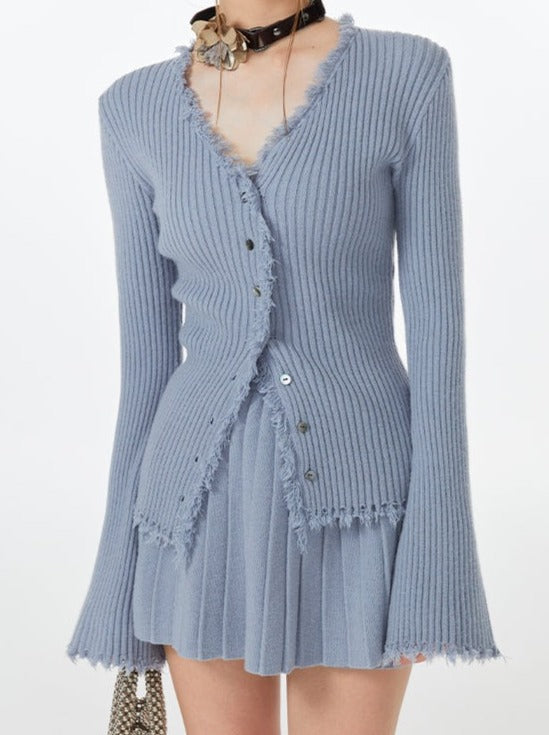 Ice blue ribbed cardigan top + flared skirt