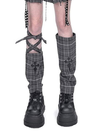 Checked Black Wrap Cross Asymmetrical Leg Warmers