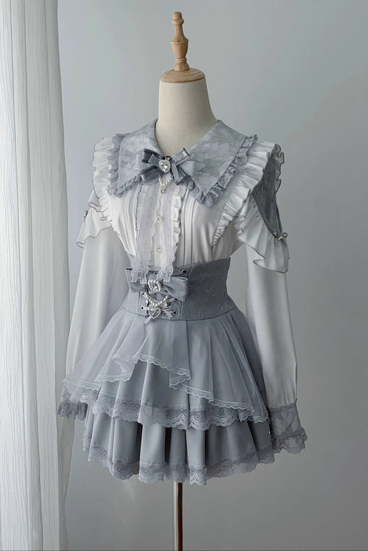【11月15日予約締切】Light Blue Lace Collar Frill Shirt + Pearl Bow Layered Lace Skirt + Rhinestone Ribbon Tie