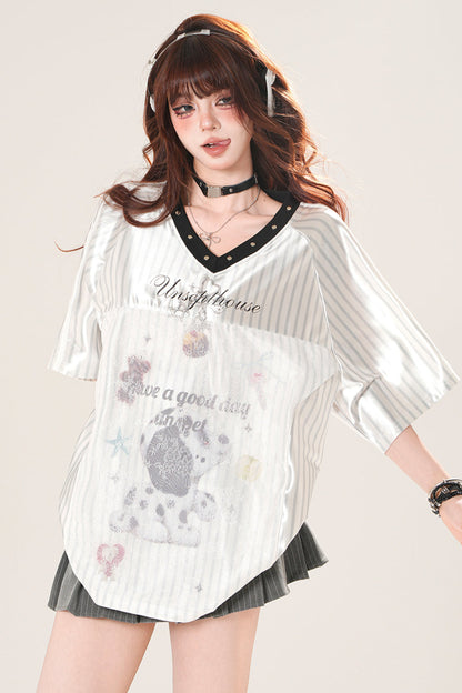 スポーティーネックボーダースクエアショルダートップス