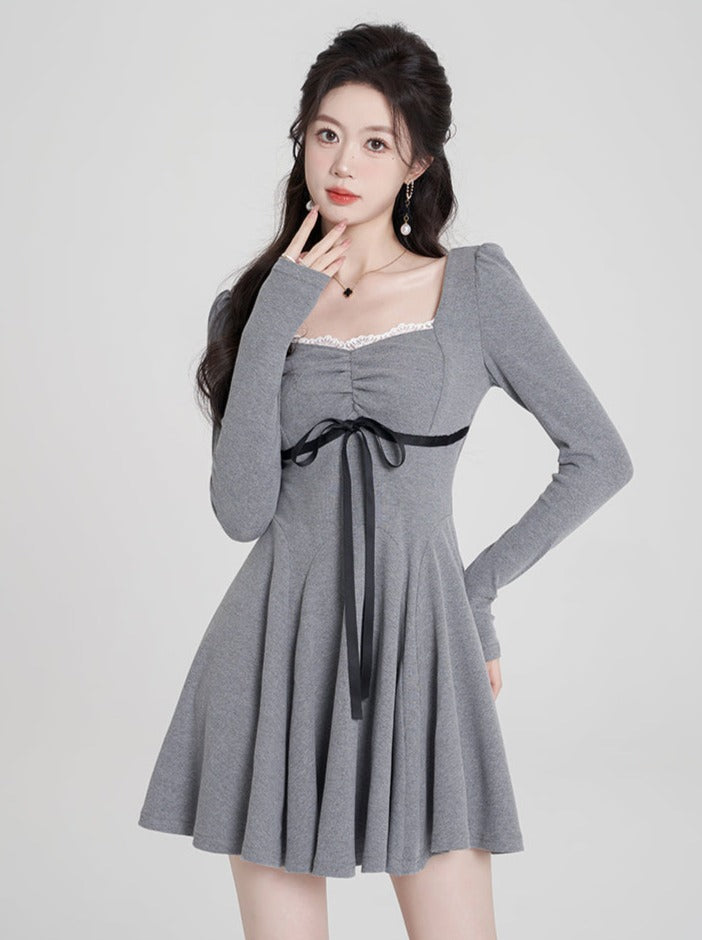 Square collar gray slim ribbon dress