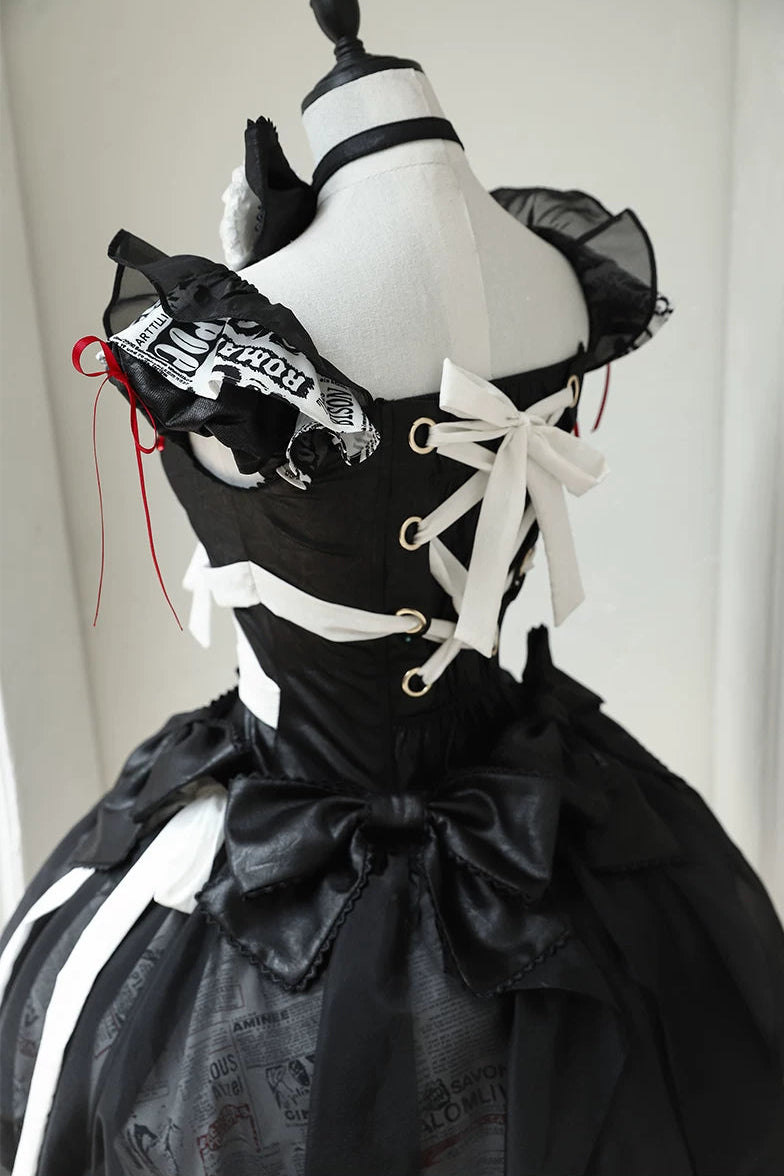 【9月3日予約締切】Gothic Fantasy Red Heart Black Balloon Corset Lolita Ribbon Dress + Ribbon Choker with Playing Card and Bead Motif