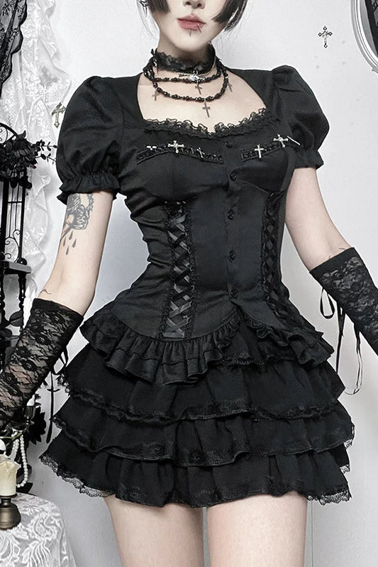 다크 스타일 고딕 퍼프 슬리브 탑