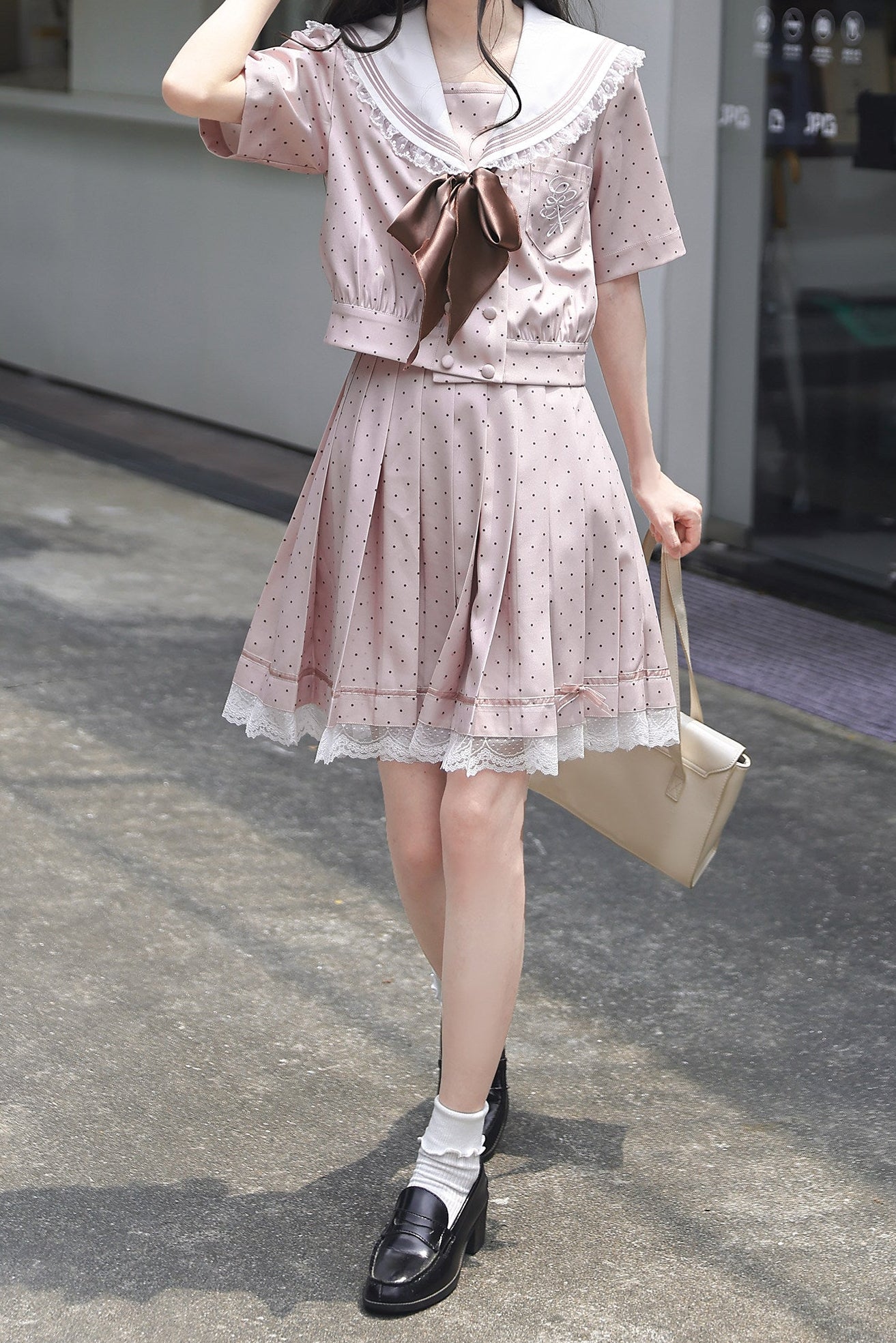 Pink Polka Dot Sailor Blouse + Skirt + Accessories