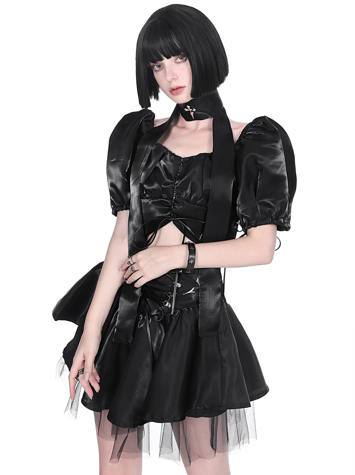 Cyberpunk glitter setup cross neck stole + puff sleeve short top + lace up tulle skirt