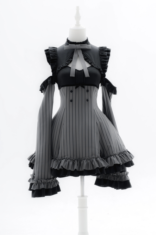 [Pre-order Deadline: October 1] Black x Gray Striped High-Low Cutout Cold-Shoulder Flare-Sleeve Frill Ribbon Dress