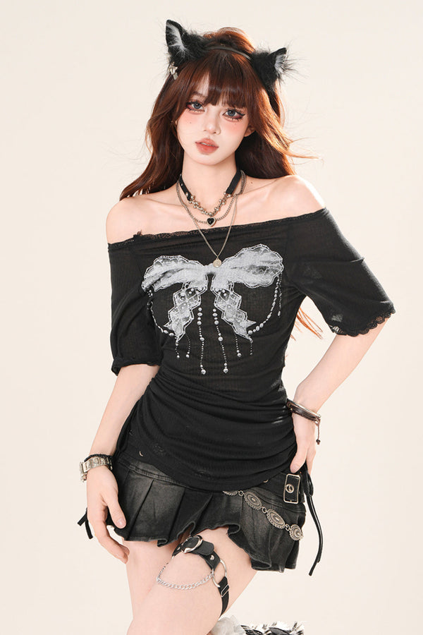 シースルーオフショルダーダークトップス