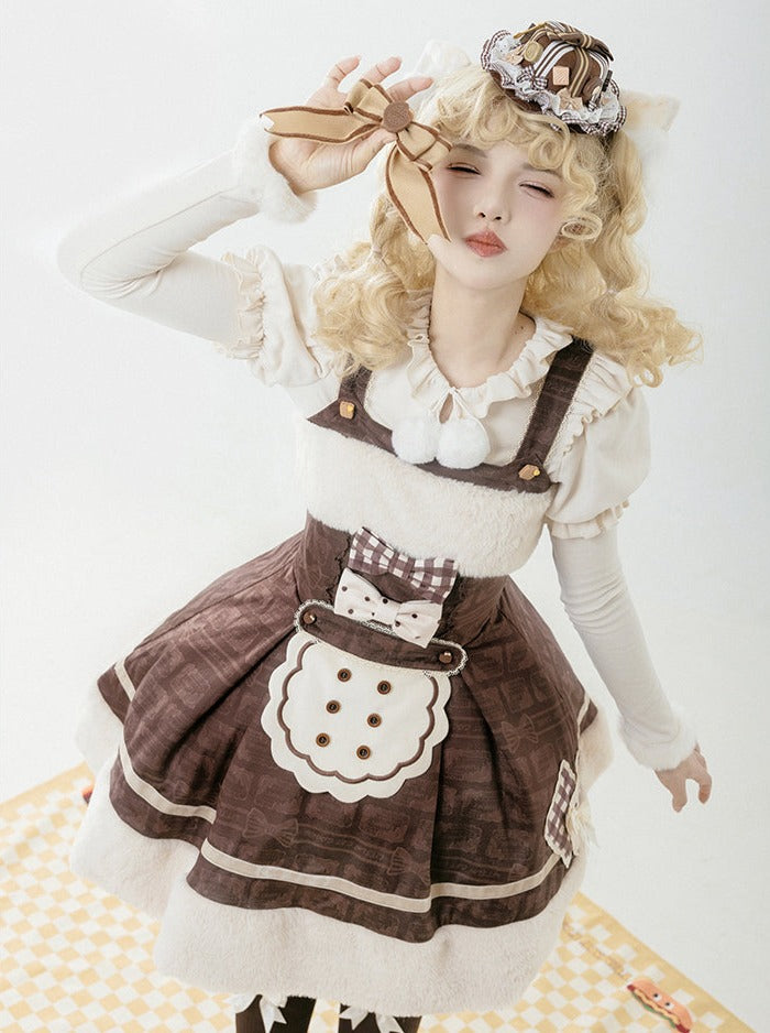 Biscuit print jumper skirt + ribbon + mini -pen + leg warmer [Reservation product]