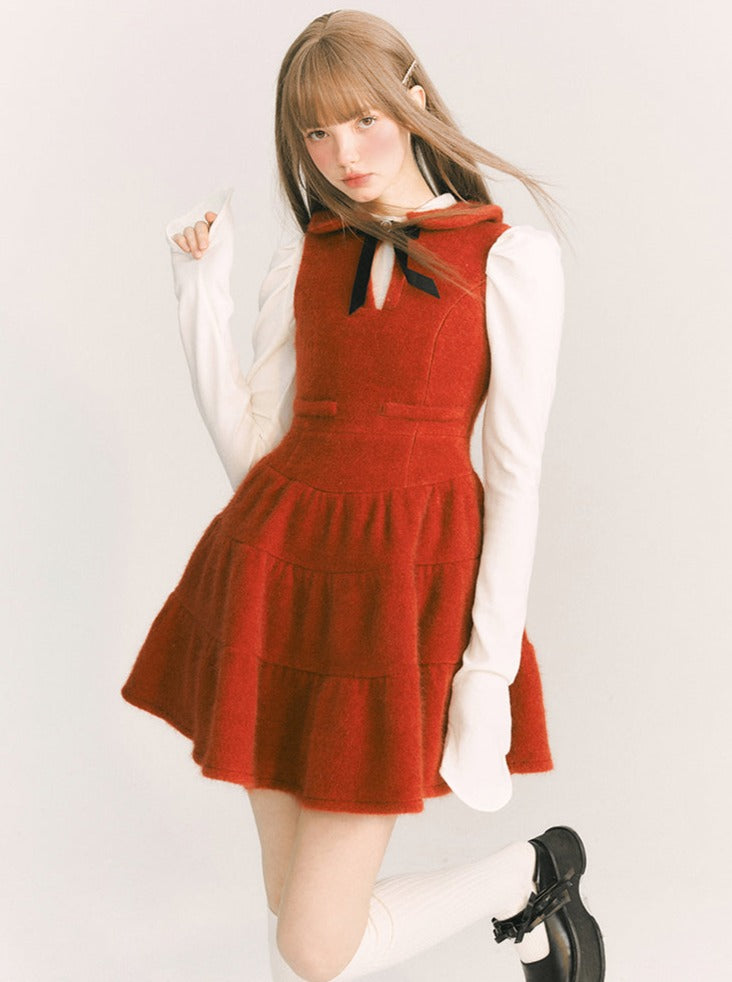 Hot Wine Wool Velvet Doll Collar Dress