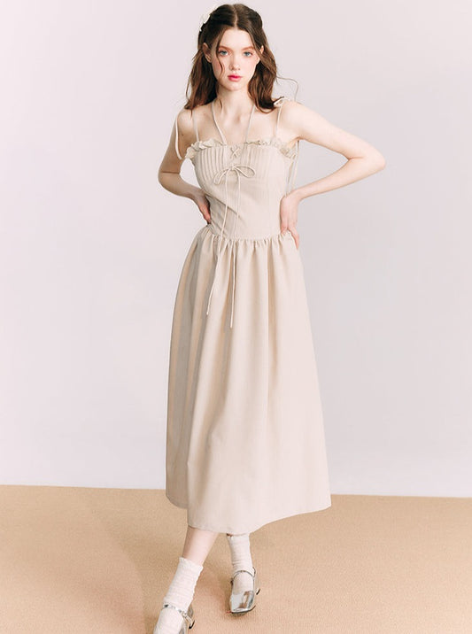 Ash Almond Halter Neck Ribbon Dress