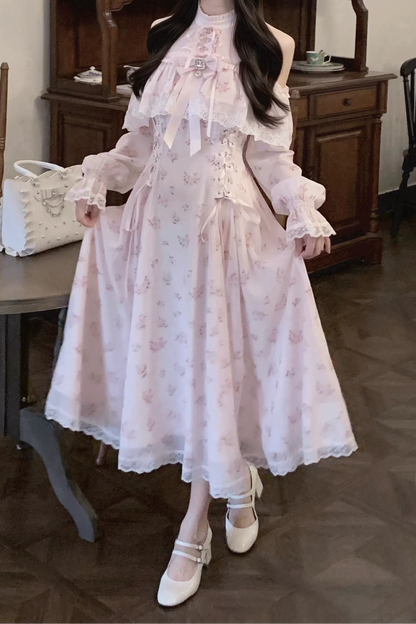 【8月30日予約締切】Pink floral chiffon lace jewel ribbon open shoulder long sleeve dress (short length/long length)