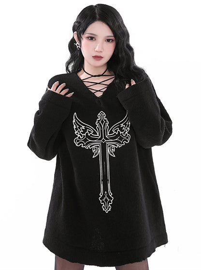 Rubber Printed Wing Cross Strap Neck Loose Dark Style Pullover Sweater