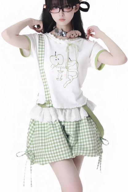 Blue Apple Vibe Top + Suspender Skirt + Wide Pants
