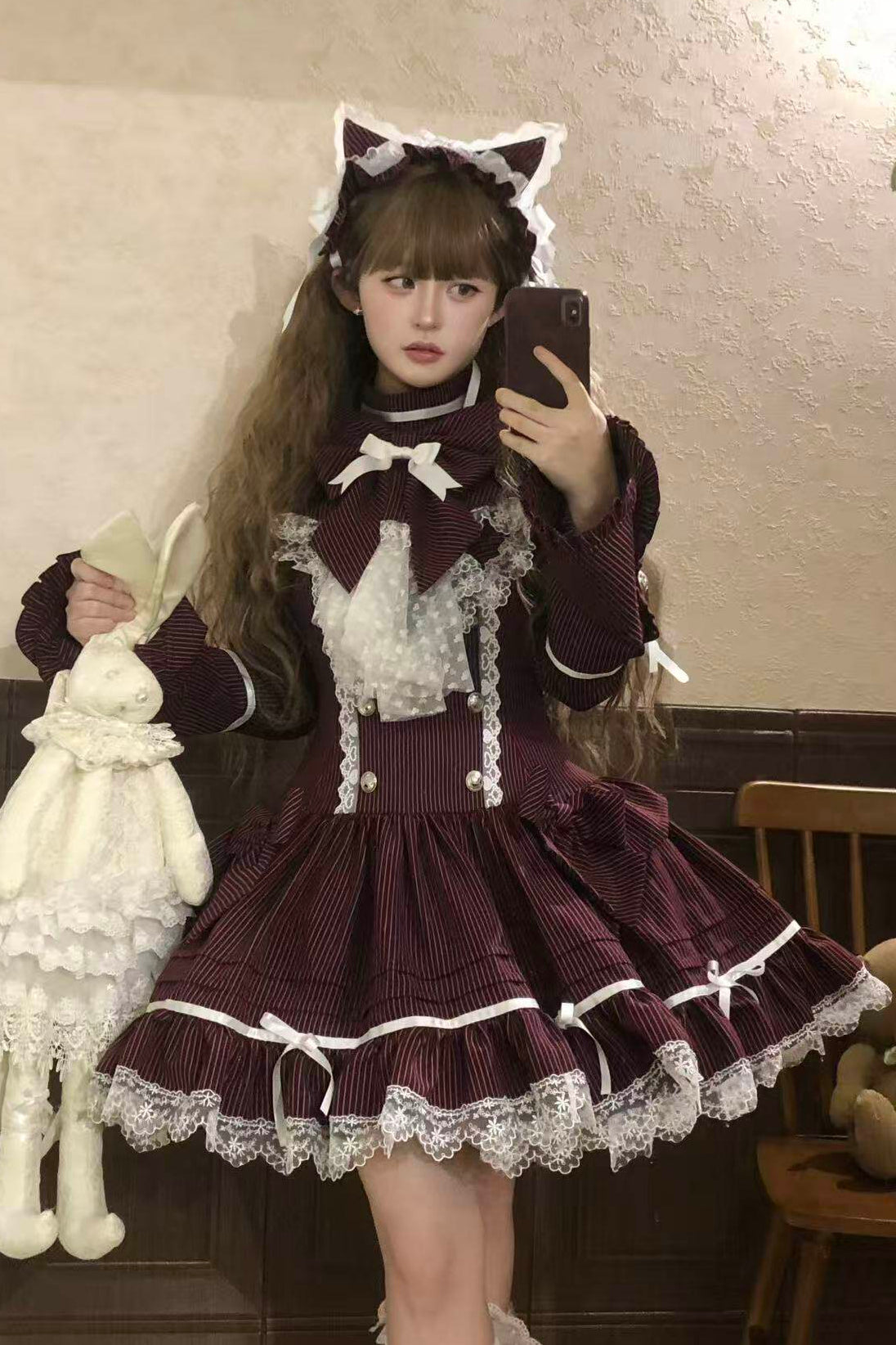 [Pre-order Deadline: April 25] Phantom Cat Sweet Ribbon Stripe Lace Bell Sleeve Lolita Dress