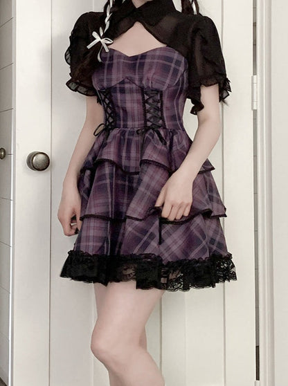 Purple Check Suspender Dress + Shea Asamer Cardigan