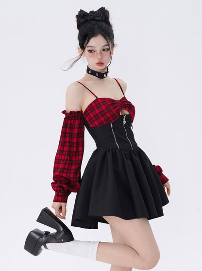 One Shoulder Suspender Check Dress