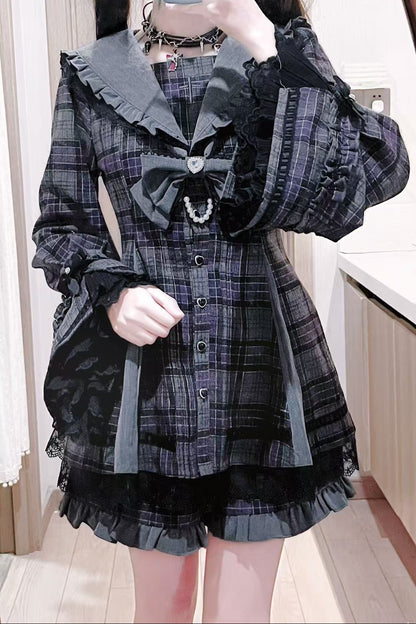 【12月24日予約締切】ゴシックセーラーカラーレースリボンチェックドレスセットアップ