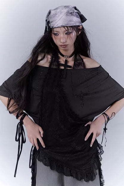 シアーオフショルレースハルタートップス