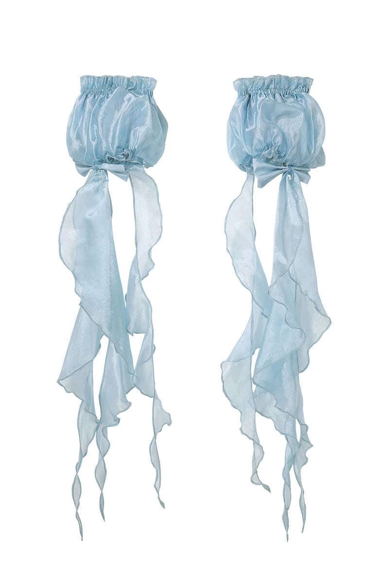 [Pre-order Deadline: September 5] Blue Fantasy Jellyfish Bow Ruffle Suspender Bubble Dress with Asymmetrical Hem+Puff Sleeves with Arm Sleeves