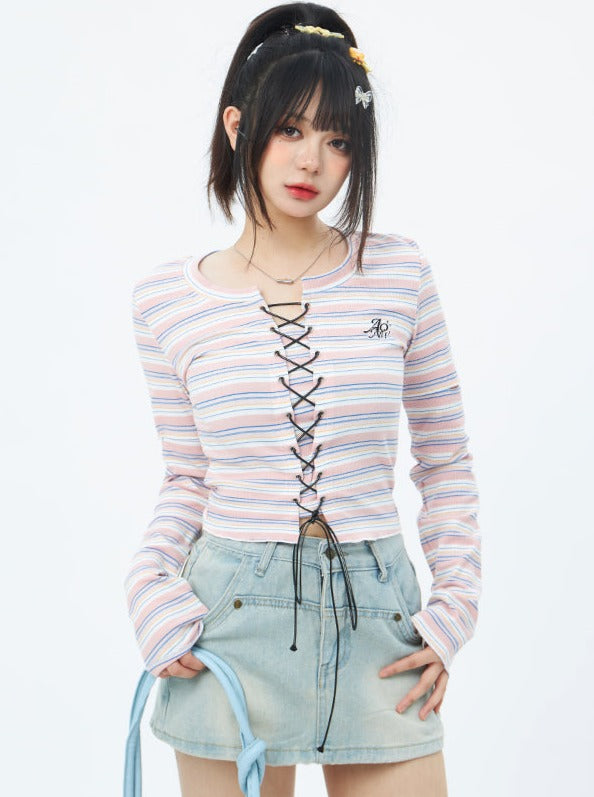 Lace-up pastel border top