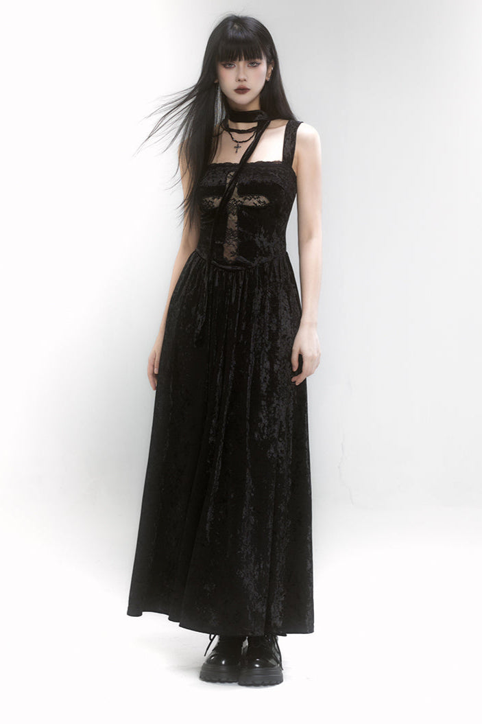 Velvet Lace Cross Long Dress + Shawl