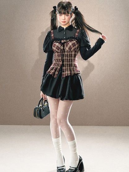 Puff sleeve little black shirt + check suspenders + flared skirt