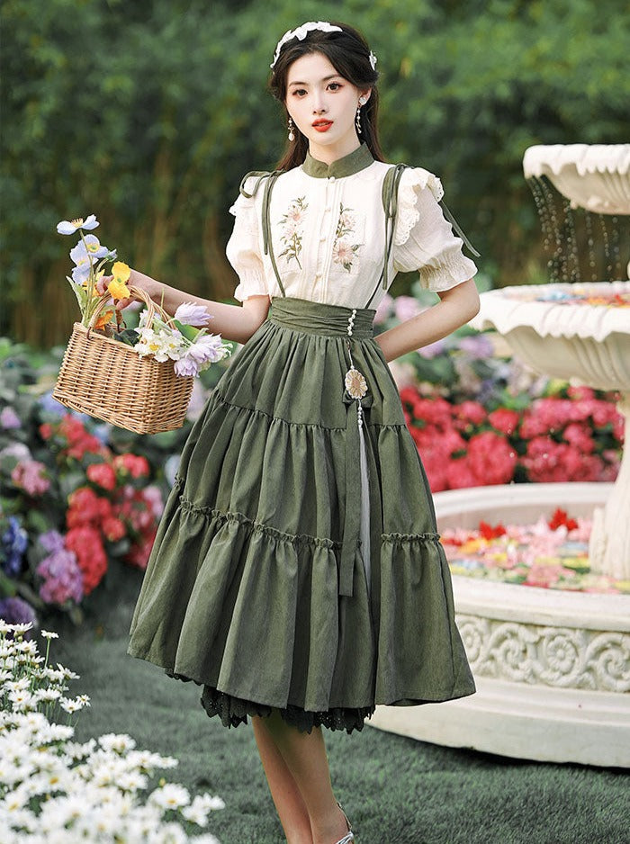 Dark Green Sass Skirt + Flower Blouse