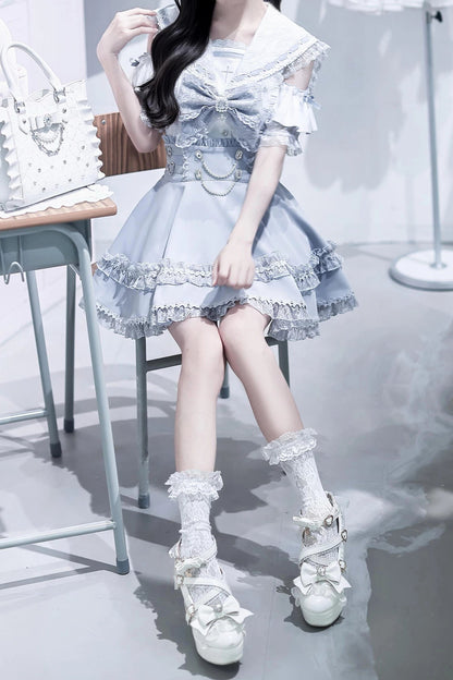 [Pre-order Deadline: August 30] Blue and White Lace Sailor Gothic Open-Shoulder Short-Sleeve Ribbon Shirt + Pearl Chain Frill Skirt