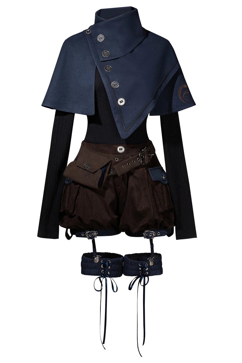 【10月6日予約締切】Dark Navy X Brown Prince Lolita Asymmetrical Cape + Black Knit Top + Leg Ring Shorts + Belt With Pockets + Scarf Ouji Fashion