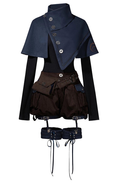 【10月6日予約締切】Dark Navy X Brown Prince Lolita Asymmetrical Cape + Black Knit Top + Leg Ring Shorts + Belt With Pockets + Scarf Ouji Fashion