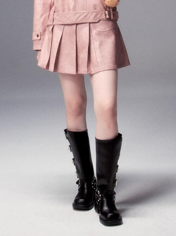 Pink Rivet Design Belt Leather Jacket + Retro Pleated Skirt Suit
