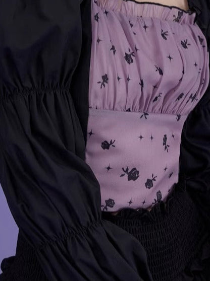 Rose Shadow Print Bubble Sleeve Square Collar Top