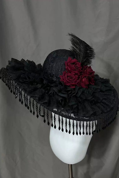 Spot Black Widow Hat Manor Mistress Gothic Hand Made Lolita Cap Lolita Cap Widow Cap Large Brim