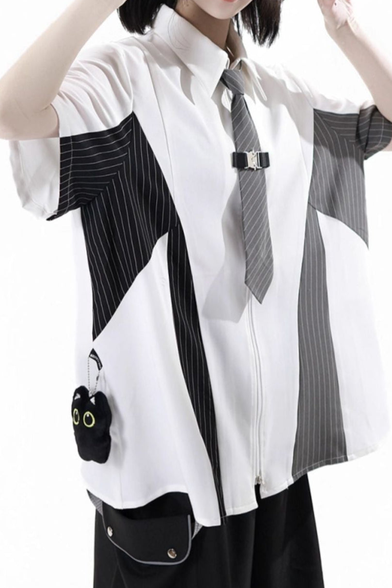 Casual stripe stitch design shirt + hooded shirt + + half pants + culottes + tie