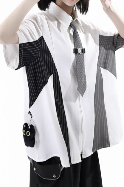 Casual stripe stitch design shirt + hooded shirt + + half pants + culottes + tie