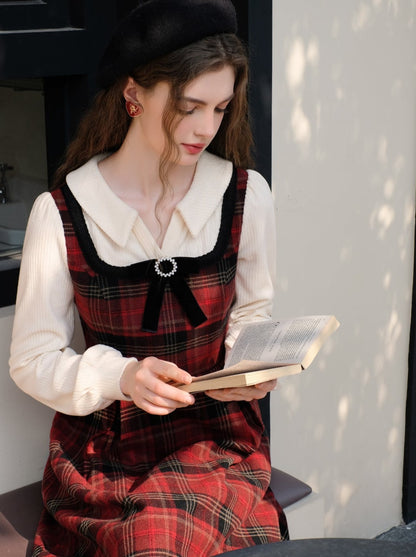 French Check Suspender Skirt + Pure White Blouse