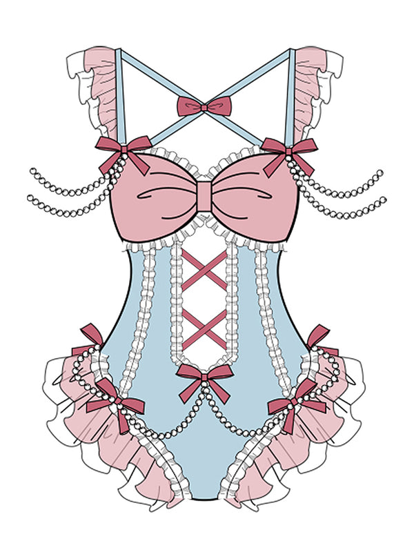 Frilled Shoulder Pearl Ribbon Decoration Idol Taste Onepiece Swimsuit