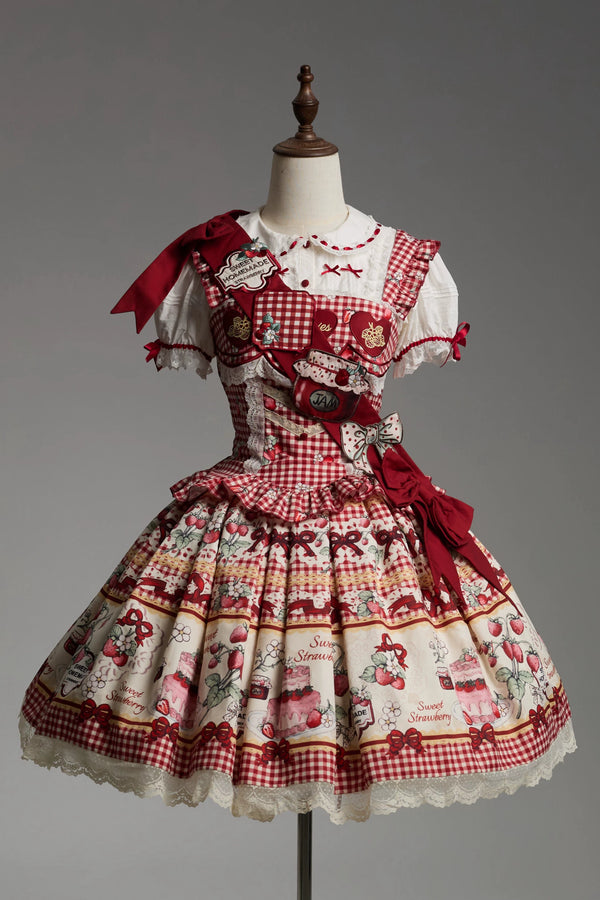 [Vorbestellung bis 14. März] Castle-Strawberry-Süß-Lolita-Hosenträgerrock + Oberteil + Unterhemd + Stirnband + Band