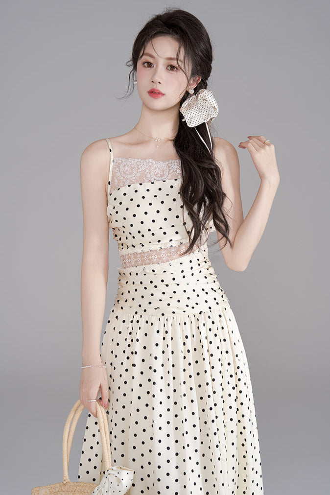ドットレースフレンチロングキャミソールドレス+ドットシュシュ