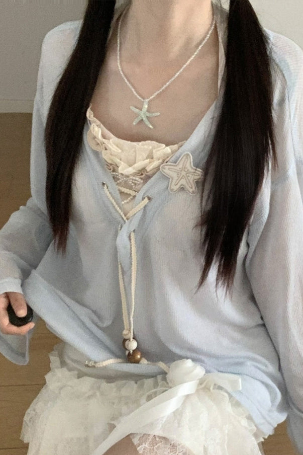 Seaside-Smok-Oberteile + Neckholder-Unterhemd + Asymmetrischer Rock
