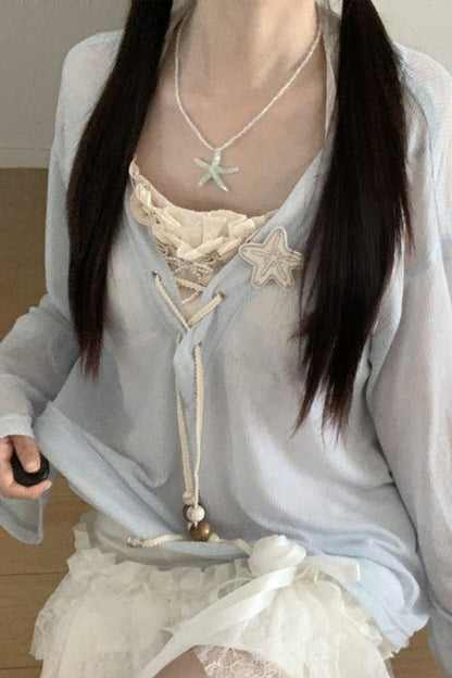 Seaside-Smok-Oberteile + Neckholder-Unterhemd + Asymmetrischer Rock