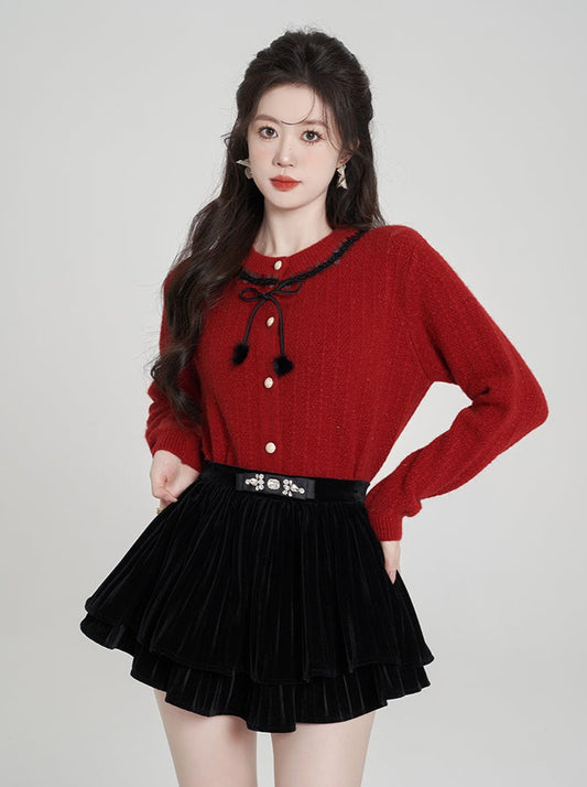 체리 레드 니트 가디건