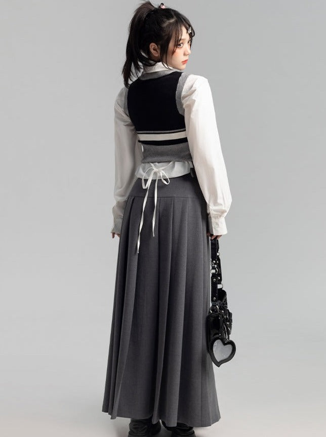 Mode knit vest + short shirt + long pleated skirt