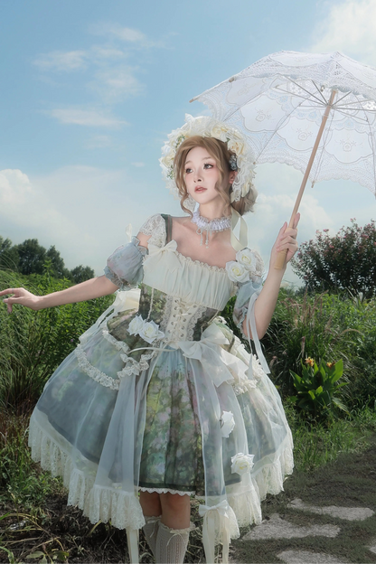 【8月23日予約締切】Romantic forest flower oil painting print classical Lolita tulle with overlay short JKS dress
