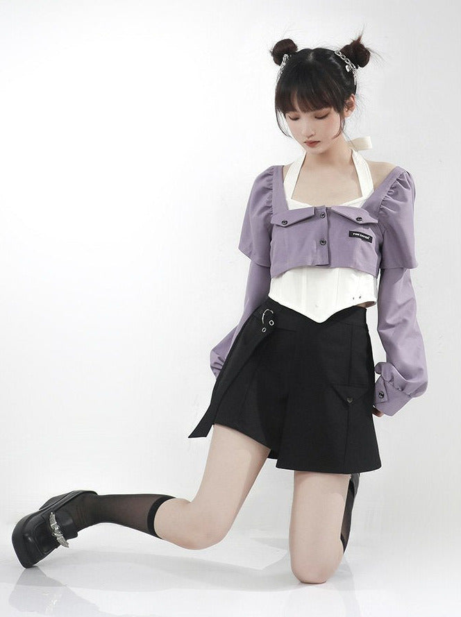 Grape Soda Purple White Shirt Halter Neck Top