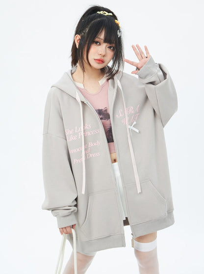 Ribbon Logo Cat Zipper Hooded Hoodie