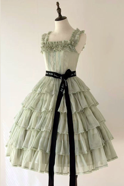 [Pre-order Deadline: July 31] Romantic Sweet Lolita Square-Neck Tiered JKS Ribbon Dress