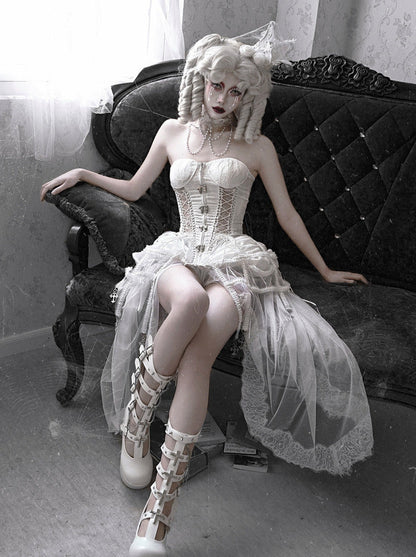 Sleeping Alice White Gothic Dark Fishbone Straps Corset Bustier [Réservé].